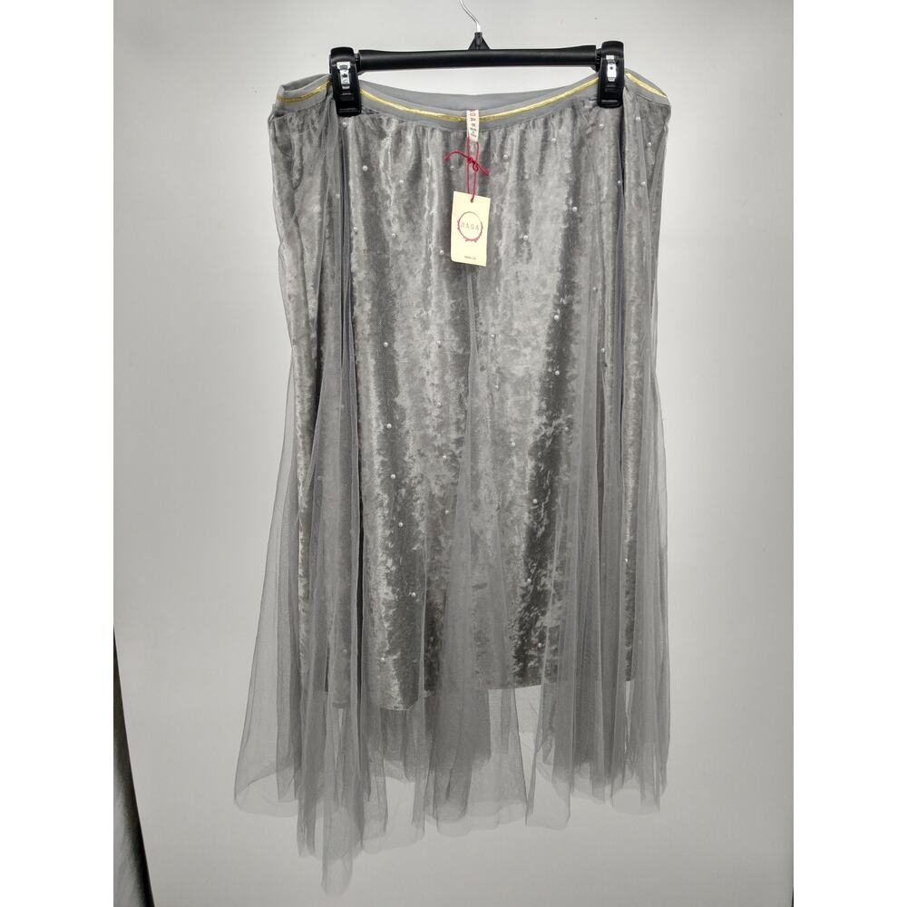 Anthropologie Raga Skirt Plus 1X Velvet Tulle Overlay Pearl Detail Midi Gray NWT
